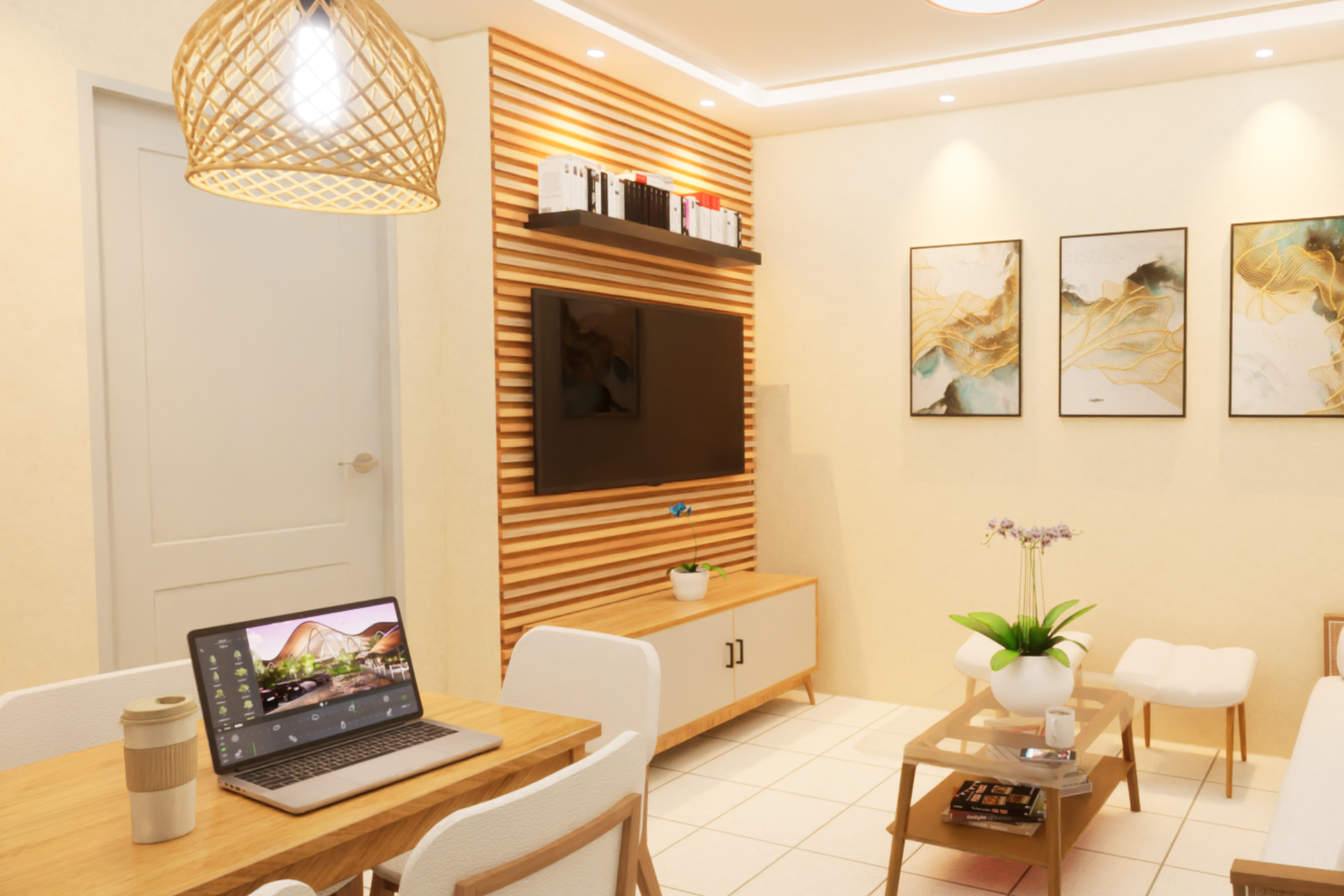 A modern living room with large wooden louvers showcasing both functionality and aesthetic appeal
