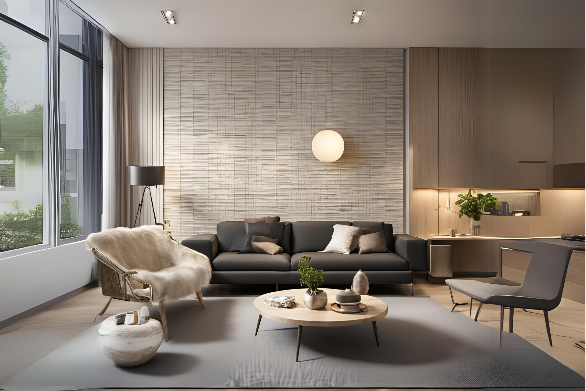 Modern living room interior featuring Action TESA Ornamatte Boards on accent wall, showcasing matte finish and subtle light reflection